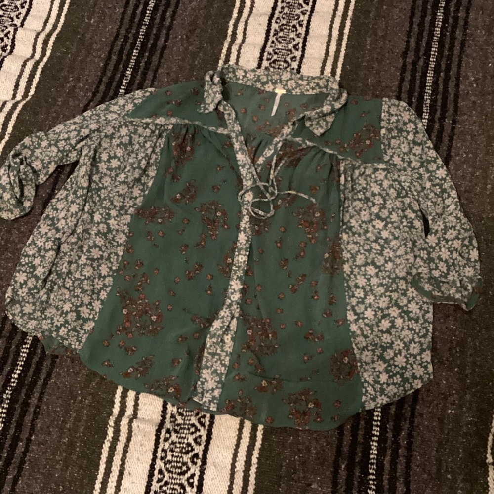 Free People Emerald Combo Serena Printed Blouse Sz S
